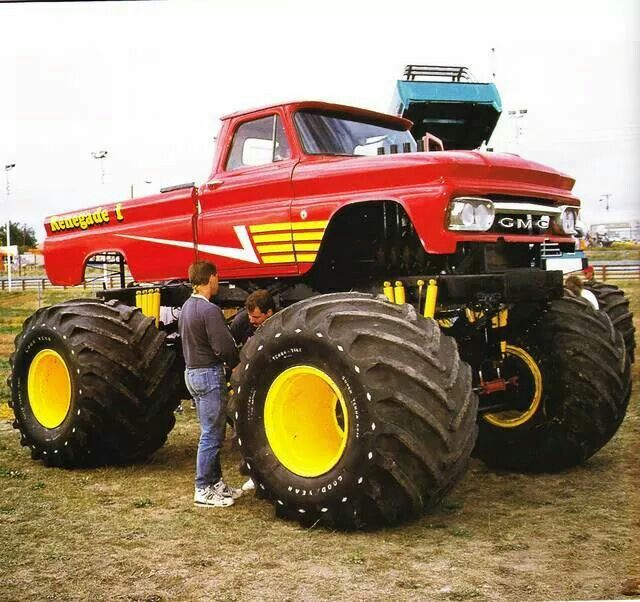 monster red GMC lifted truck yellow detailed wheels | See more about Lifted Trucks, Trucks and Wheels.