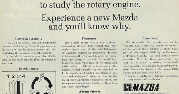 Mazda automobile - 1971 Car Ad, Mazda, Rotary Engine