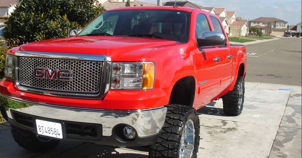red lifted GMC Sierra truck with nice tires | See more about Trucks and Red.