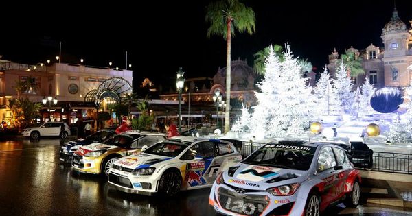 i20 WRC lines up against its rivals at the start of the 2014 FIA WRC in Monte Carlo