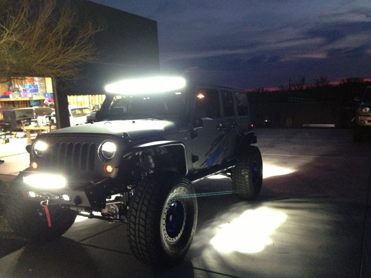 ADD Offroad Jeep JK Bumpers and Rock Guards lit up with Rigid lighting | See more about Jeep Jk, Jeeps and Lighting.
