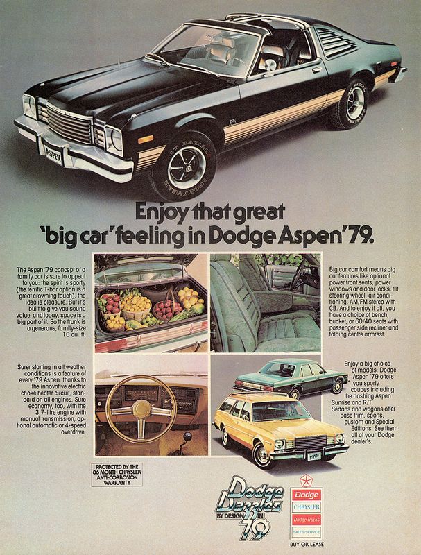 1979 Dodge Aspen R/T Coupe with T-Bar Roof Option (Canadian ad)